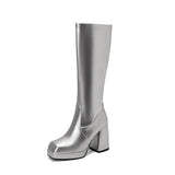 Gold Knee High Boots Women 2023 Four Seasons 10cm Chunky Heels Shoes Square Toes Long Booties Big Size 48 Botas
