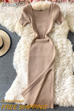 Dress Summer Women Bodycon Sexy Dress 2023 Solid Square Collar Short-sleeve Knitting Stretch Split Midi Party Dress