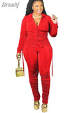 Casual Ruched Design Two Piece Sets Women Long Sleeve Side Lace Up Top And Stacked Pants Plus Size Solid Outfits