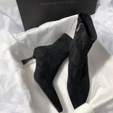 Socks Heels Winter Shoes For Women Boots-Women Stockings 2024 Autumn Rubber Pointy High Heel Ankle Ladies Lace-Up