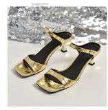 Gold Silver Mule Slippers Woman Luxury Square Toe High Heel Sandals Ladies Summer Slip-on Buckle Dress