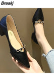 for Woman 2023 Pointed Toe Women's Summer Footwear Square Heels with Medium Green Office Slip on Korean Style Trend 39