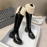 Knee High Brown Long Boots Comfort Square Heel Zip Belt Buckle Platform Boots for Women Plush Edge Warm Gothic