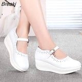 Spring Real Leather Shoes High Heels Round Shallow Mouth Women Shoes Wedge Leisure White Nurse Mom Shoes Shoes Size
