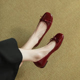 Bowknot Square Head Shallow Mouth Flat Bottom Low Heel Single Shoes 2023 Spring And Autumn New Lacquered Leather Women's Shoes Wedding