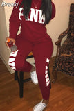 Casual PINK Letter Print Top And Pants Two Piece Sets Fall Winter O Neck Long Sleeve Matching Outfits Female