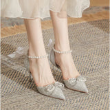 pearl decorative high heels， 18 years old Mitzvah crystal wedding shoes Bride shoes New thin heels 8cm6cm