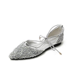 Women Luxury Rhinestone Ballet Flats Cross-Tied Lace Up Flat Shoes Woman Crystal D'orsay Wedding Shoes Glitter Sliver