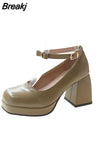 Black Ankle Strap Platform Pumps Women Pu Leather Square Toe Mary Jane Shoes Woman Goth Thick High Heels Shoes