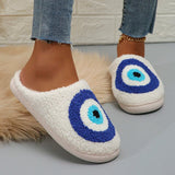 Cartoon Blue Eye Fur Slippers Women Home Warm Closed Toe Cute Cotton Slippers Woman Indoor Soft Lamb Wool Winter