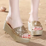 Gold Silver Sequins Wedges Slippers for Women 2023 Summer Open Toe Platform Sandals Woman High Heels Slides Ladies