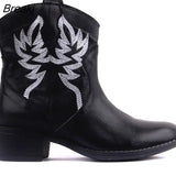 Embroidery Botas Mujer Faux Leather Cowboy Ankle Boots for Women Wedge High Heel Boots Snake Print Western Cowgirl