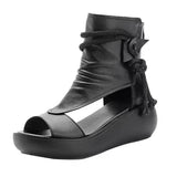 Black Women Leather Sandals Cool Boots Platform Shoes Wedges Sandals Women Shoes Fashion Outdoor