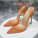 Transparent Fuchsia Pink Women PVC Pointy Toe High Heel Shoes Summer Designer Ladies Slingback Stiletto Pumps