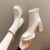 Women Ankle Boots Platform Square High Heel Ladies Short Boots Patent PU Leather Round Toe Women's Boots
