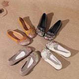 New Head Layer Cowhide Flat Bottom Low Heel Women's Shoes National Wind Flower Skin Casual Women's Single Shoes Middle-Aged And Elderly Mother