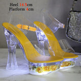 Color Square Heel Women Sandals Light Up Glowing Shoes Luminous Clear Sandals Platform Shoes High Heel 15cm Transparent