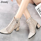 Spring Summer Boots Fashion Rhinestones Gauze Sandals Thick High Heel Mesh Short Boots Hollow Women's Shoes Large