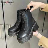 Women's Ankle Boots Zip Lace Up Square Toe Ladies Boots Thick Bottom Non-slip High Heels Female Shoes Winter Footwear