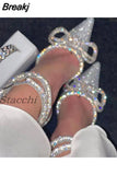 Rhinestones Women Pumps Crystal Bowknot Satin Sandals 2023 Summer Transparent Shoes High Heels Party Prom Designer