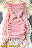 Off Shoulder Bodycon Mini Dress Women Fashion Spring Slash Neck Long Sleeve Shinny Mesh Drawstring Ruched Club Party