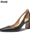 Summer Footwear High Heels Square Shoes for Women 2023 Black on Heeled Pumps Toe Normal Leather Casual Fashion Offer