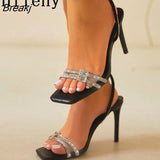 Sexy Silver Crystal Ankle Strap Sandals For Women 2023 Summer Square Open Toe Rhinestone Heels Party Prom Shoes Size