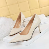 Breakj Retro Stone Grain High Heels Women's Shoes Heel High Heel Shallow Pointed Metal Beads Rivet Women's Singles
