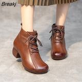 Handmade Women Boots Retro Genuine Leather Ankle Boots For Women Winter Warm Shoes Round Toe Thick Heel Boots