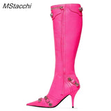 New Metal Rivet Women High Knee Boots Pointed Toe Thin Heels Designer Shoes Party Tassels Zipper-Sid Long Botas De