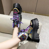 Glitter Motorcycle Boots Women Gothic Chunky Platform Ankle Boots Autumn Winter Thick Bottom Lace Up Punk Shoes
