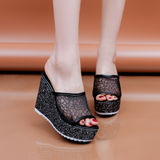 Golden Women Slippers Summer Shoes Platform 4cm Outside Fitting-room 11cm High Heels Wedges Solid Mesh Female Sliver