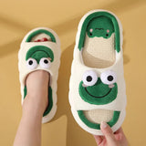Cute Frog Home Slippers for Women Thick Sole Non Slip House Shoes Woman Cotton Linen Couple Indoor Slippers Funny