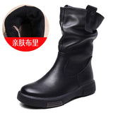 Breakj Layer Kraft Mid-Sleet Boots Women Autumn And Winter New Flat Bottom Comfortable Side Zipper Martin Boots Retro Style Horse