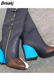 Women Chelsea Boots Luxury Designer Shoes Metal Decoration Rivet Women High Knee Boots Zipper-Sid Chunky Heels Western