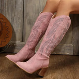 New Pink Knee-length Boots Women Embroidery Western Cowboy Boots Female Fashion Slip on Pointed-toe High Heel Knight