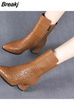 Pointed Toe Ladies Booties Female Autumn Zip PU Leather Shoes Brown Fashion 6cm High Square Heels Women Ankle