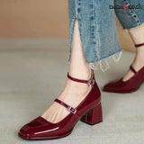 High Heels Mary Jane Shoes for Women Spring 2023 Fashion Double Buckle Strap Pumps Women Black Patent Leather Shoes