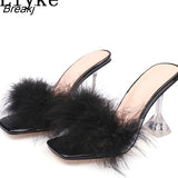 9CM Transparent High Heels Fur Slippers Women Feather Sandals Peep Toe Mules Lady Pumps Slides Party Shoes