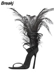 Gladiator Sandals Women Fur Shoes Summer Cross-tied High-heeled Sandals Ostrich Hair Decor Thin High Heels Shoes