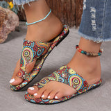 Breakj National Wind Flat-Bottomed Toe Slippers Women 2025 New Breathable Printed Roman Style