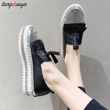 43 Luxury Crystals Round Toe Flats Women Pink white Bordered Fringe Platform Casual Female Rhinestone Women Shoes