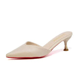 Women High Heels Solid Flock Slippers Mules Pointed Toe Fog Black Slides Women Home Slip On Flip Flops Heels 6CM/9CM Half