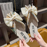 Floral Half Flat Slippers Women's Outdoor 2023 Summer New Fashion Pearl Bow Soft Bottom One Foot Sandals
