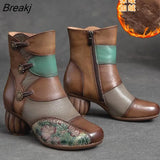 Women Boots 2023 New Woman Short Boots Mixed Colors Genuine Leather Autumn/Winter Shoes Square Heels Female