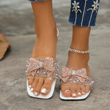 Breakj Plus Size Rhinestone Beach Slippers Female Bow String Beads Decoration Sequined Flat