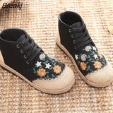Women Handmade Vintage Embroidered Flats Booties Shoes High Top Lace Up Canvas Sneakers Female Linen Casual Leisure