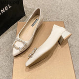 Fashion Pointed Toe Square Low Heel High Heels Elegant Pearl Rhinestone Buckle Soft Leather Party Dress Shoes Female