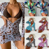 2025 New Transparent Mesh Digital Three-Piece Printed Sunscreen Beach Bikini