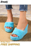 Size High-heeled Furry Slippers for Women's Autumn Winter 2023 New Open-toed Fashion Slope Loafers Fur Slippers